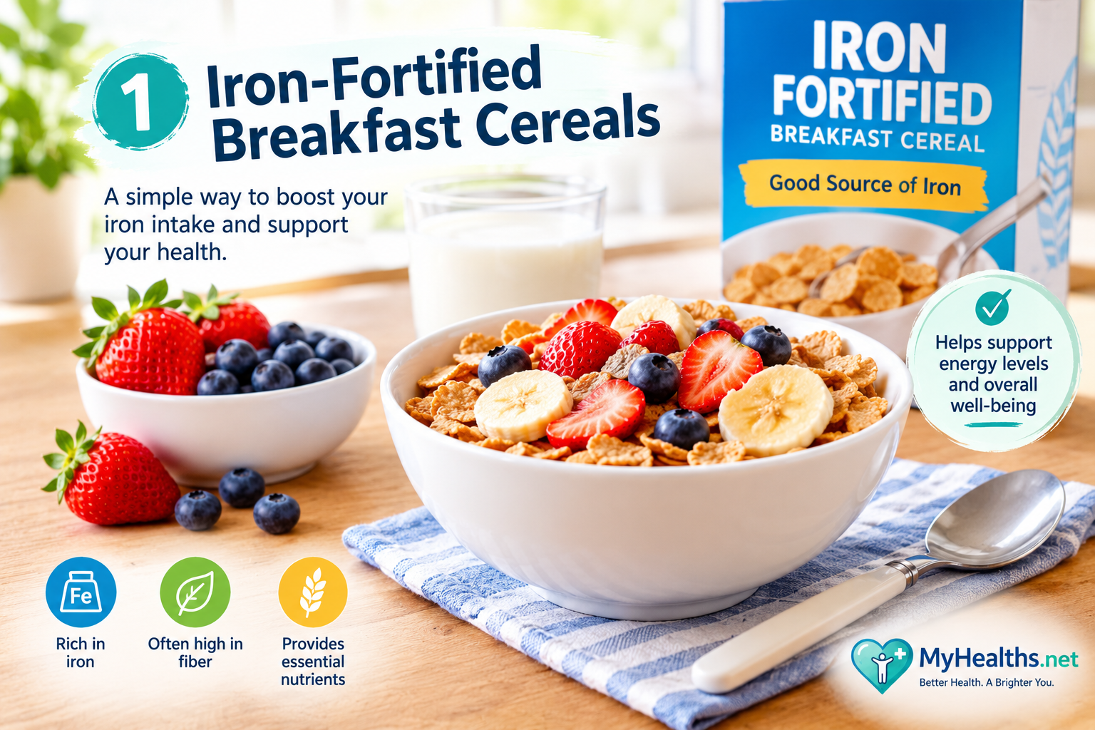 A bowl of iron-fortified breakfast cereal served with fresh fruit