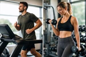 Suggested image alt text: Adults doing cardio and strength training in a gym.